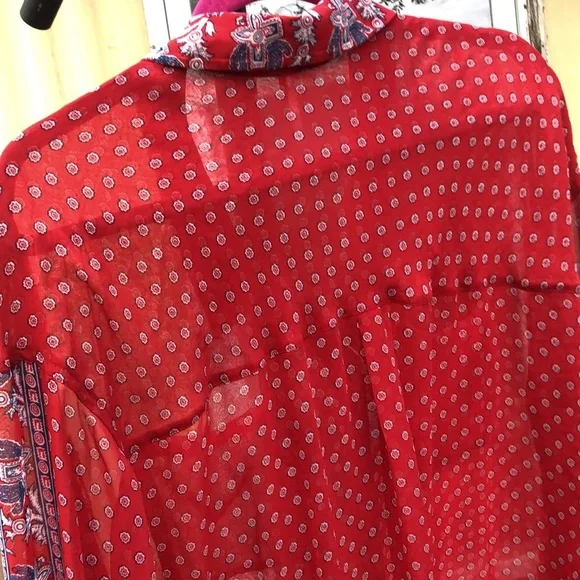 {$13 BUNDLED} FREE PEOPLE Red Blue White Sheer Long Sleeve Top - Picture 6 of 6